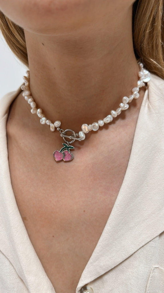 Pearl gemstone cherry heart tbar necklace - Anna Lou of London