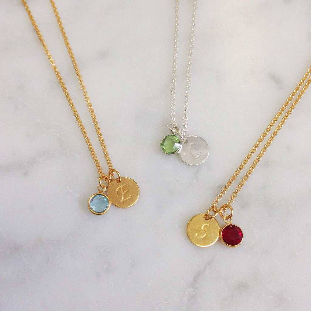 Unisex initial Disc Birthstone Charm Necklace - Anna Lou of London