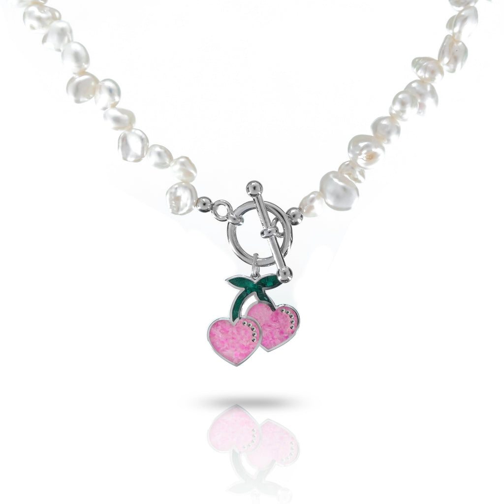 Pearl gemstone cherry heart tbar necklace - Anna Lou of London